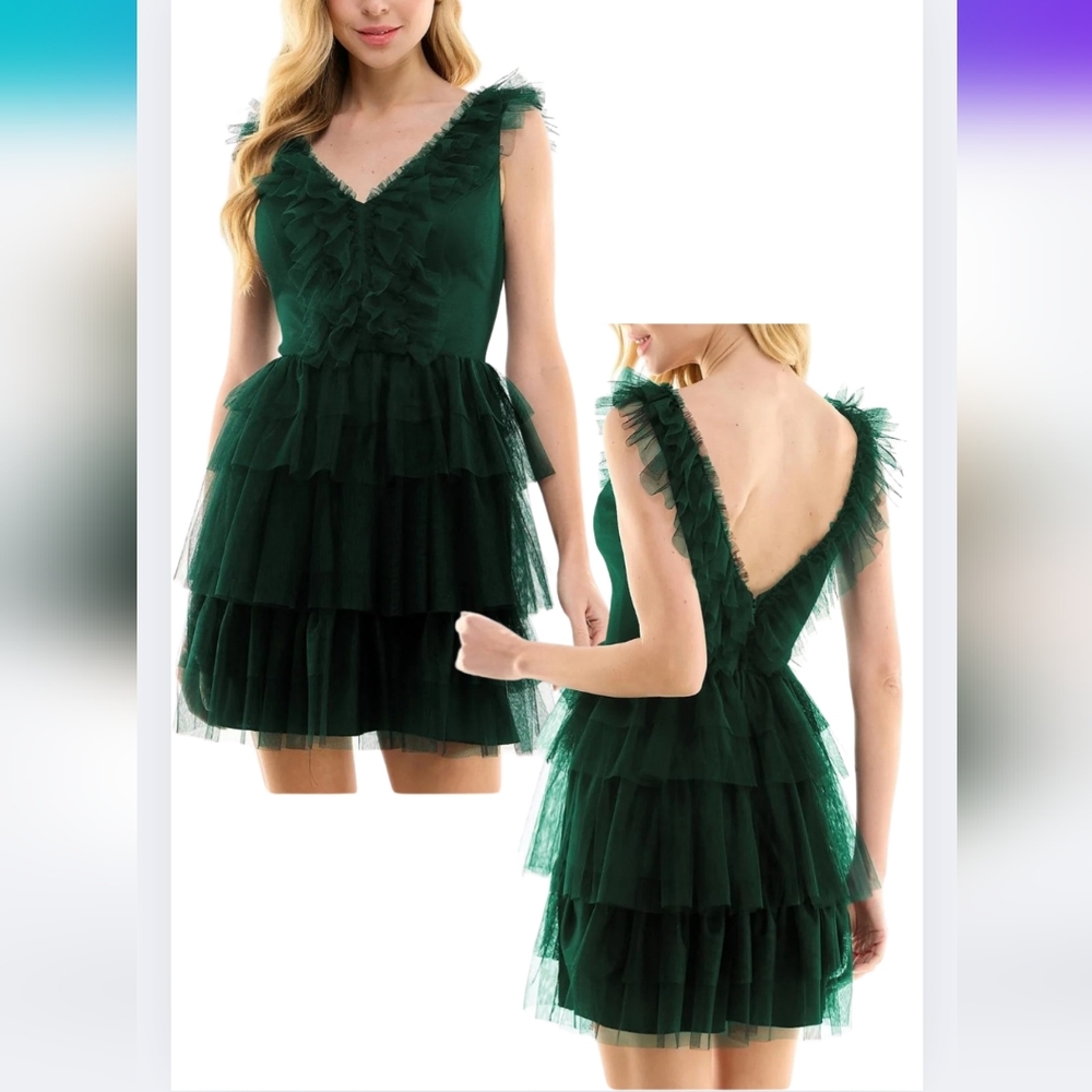 NWT City Studio Size 11 Tulle Tiered Fit Flare Pine Green Dress Holiday Bu-3015